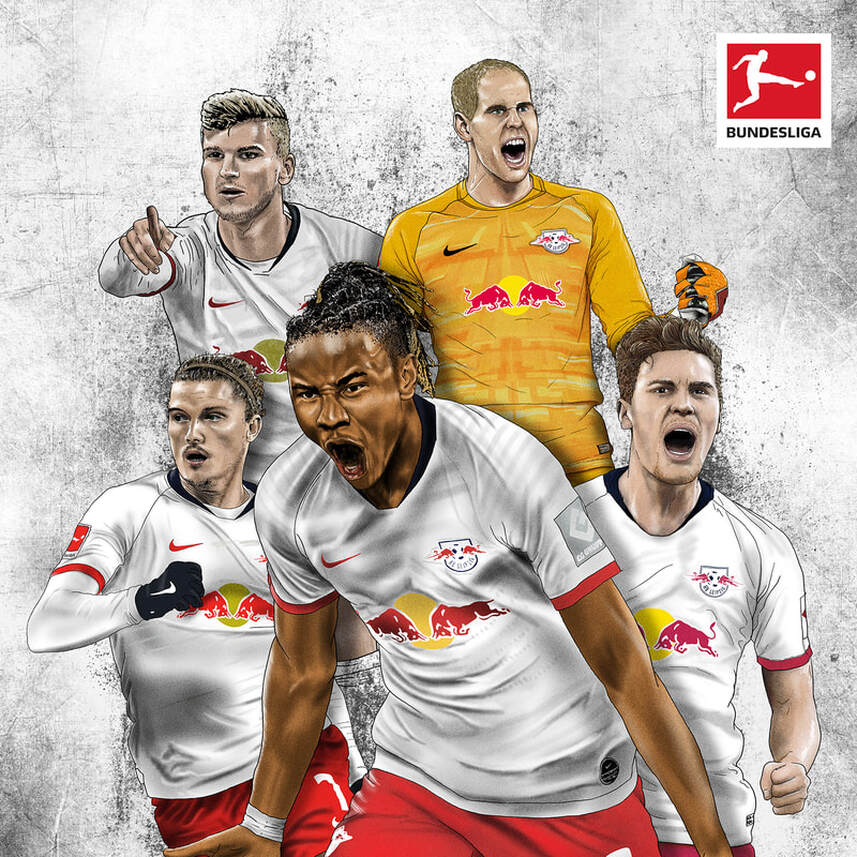 Digital painting of five players from rb liepzig