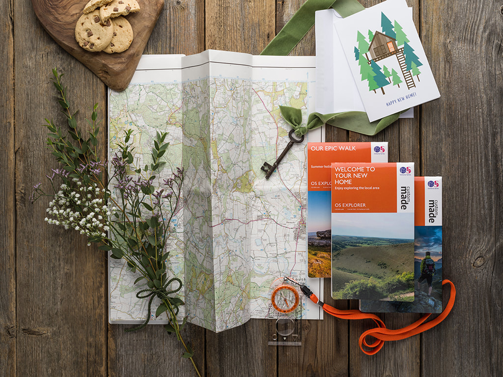 sordnace survey maps photographed froma bove and styled with new home themed items